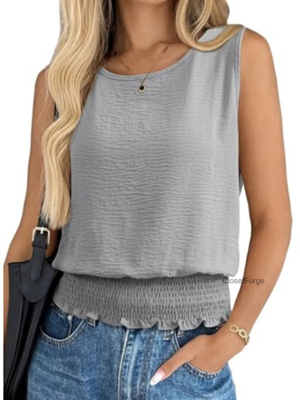 Women Sleeveless Smocked Bottom Tank Top Polyester Casual Summer Shirt